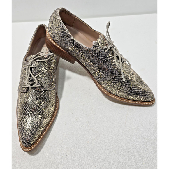 James Chan Gracie Embossed Snakeskin Lace-up Flats Metallic Pointed Toe 6 B - Picture 1 of 8